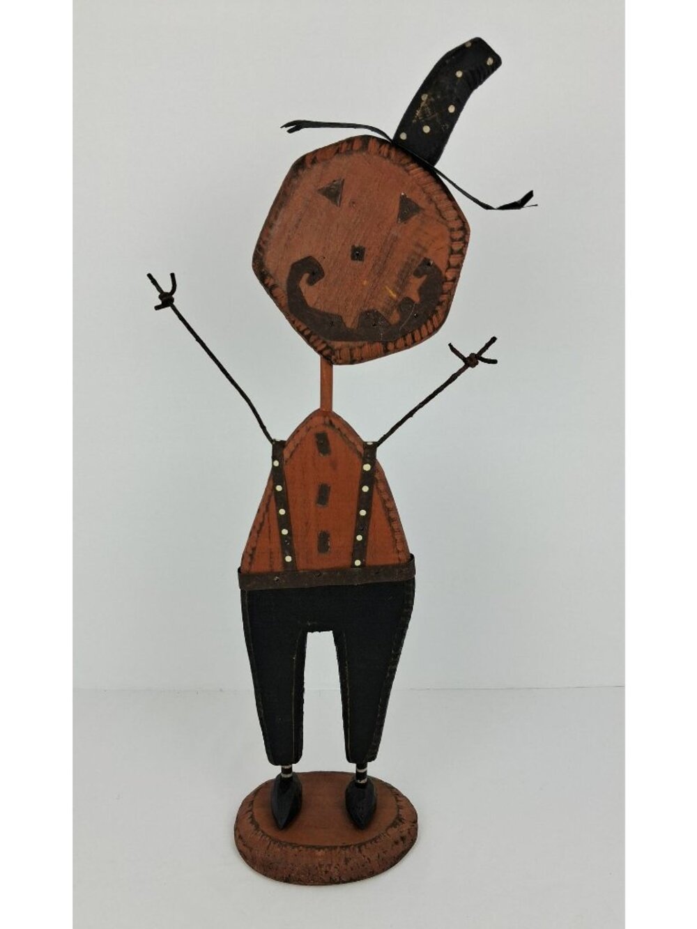 Handcrafted Wooden Pumpkin Figurine w/ Rustic Black Hat 17.5 Halloween